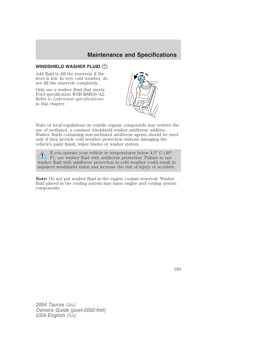 Maintenance and specifications | FORD 2004 Taurus v.3 User Manual | Page 189 / 248