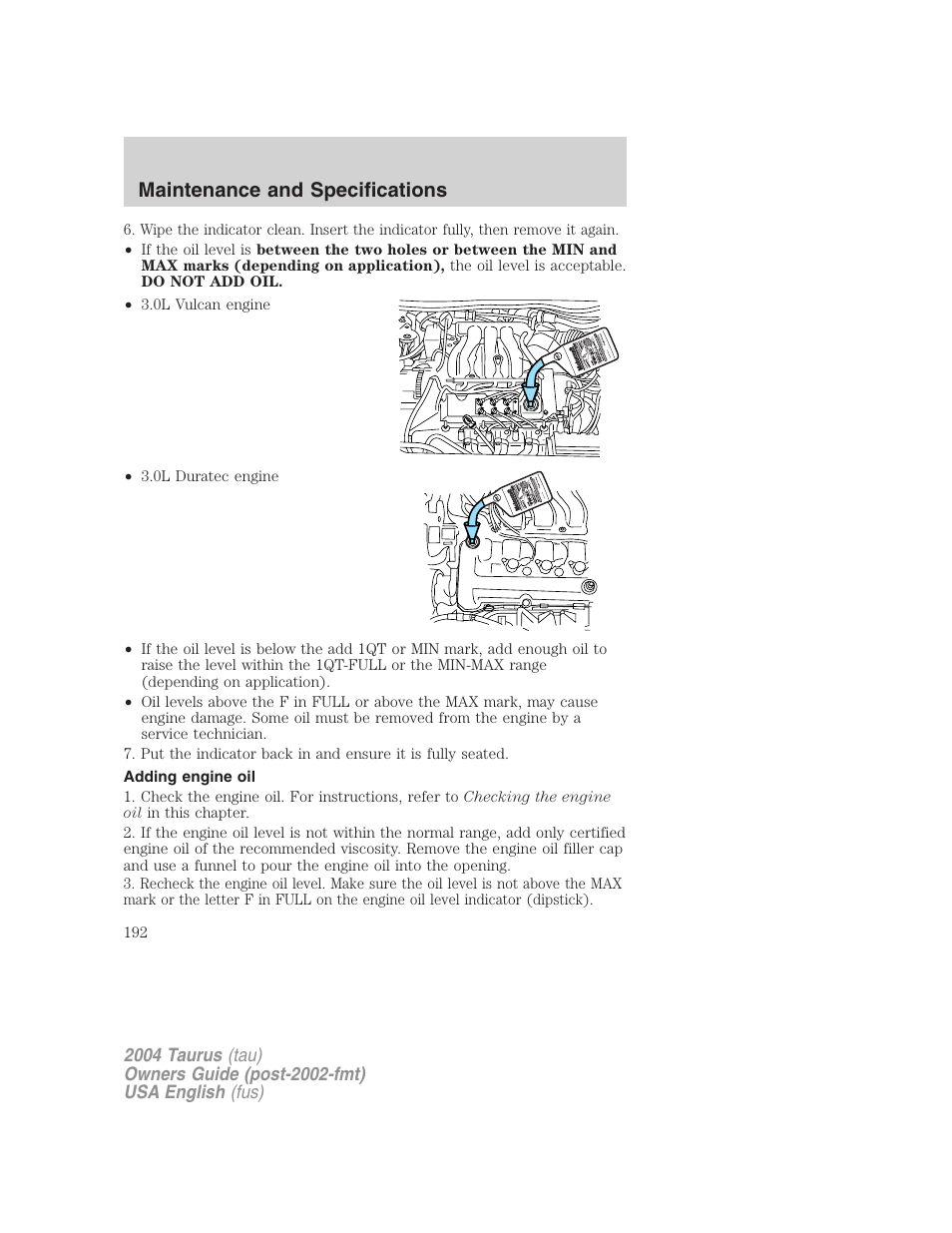 Maintenance and specifications | FORD 2004 Taurus v.3 User Manual | Page 192 / 248