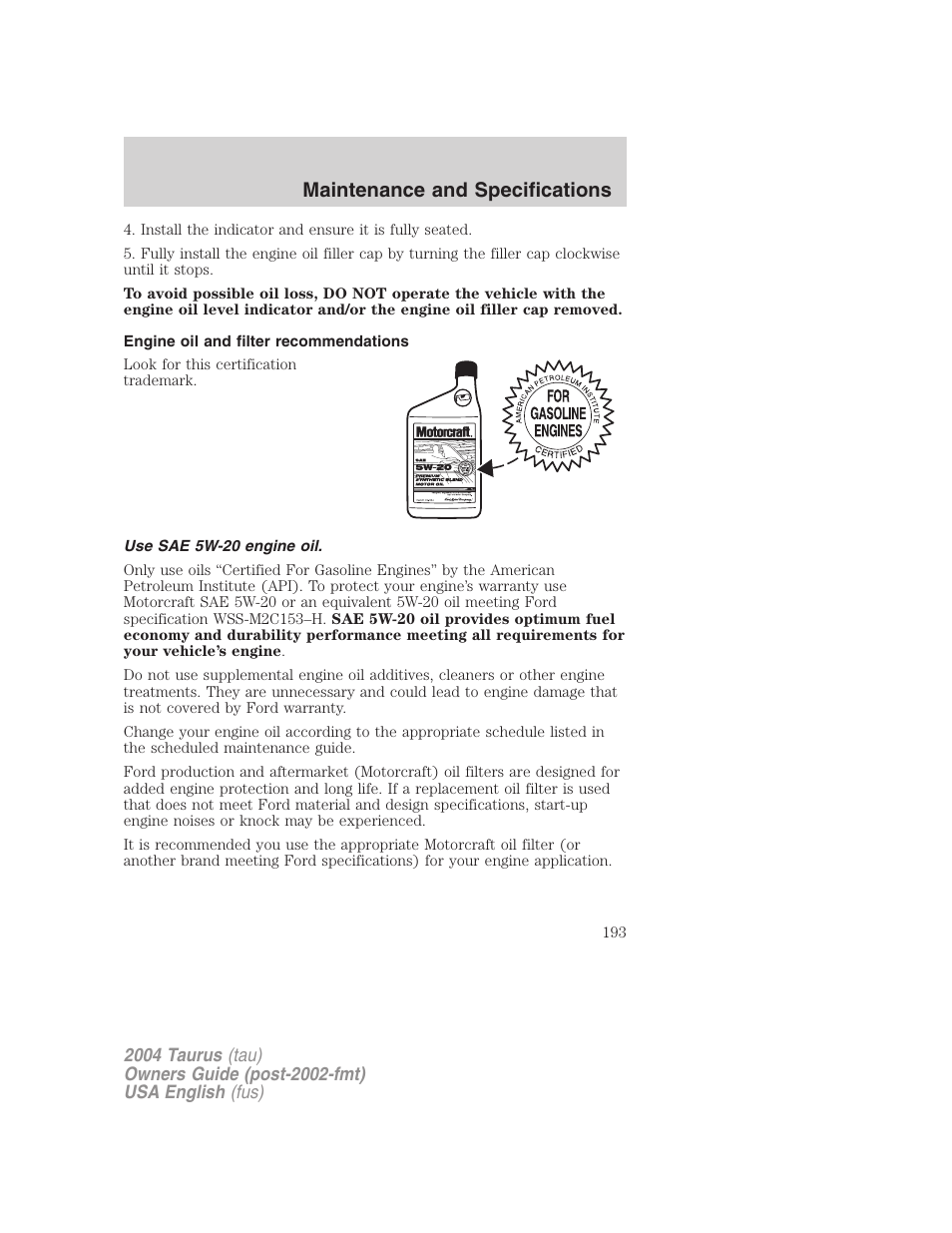 Maintenance and specifications | FORD 2004 Taurus v.3 User Manual | Page 193 / 248