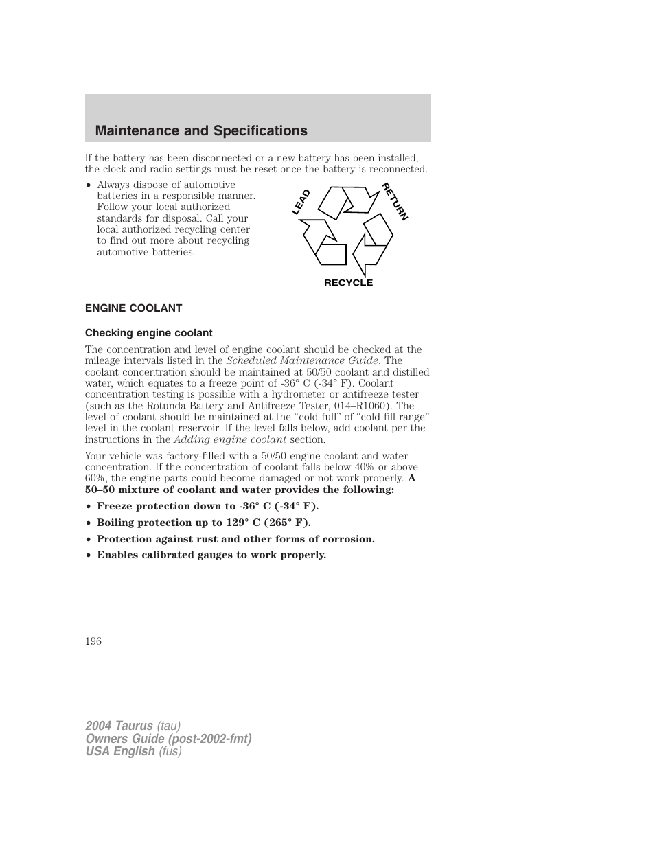 Maintenance and specifications | FORD 2004 Taurus v.3 User Manual | Page 196 / 248