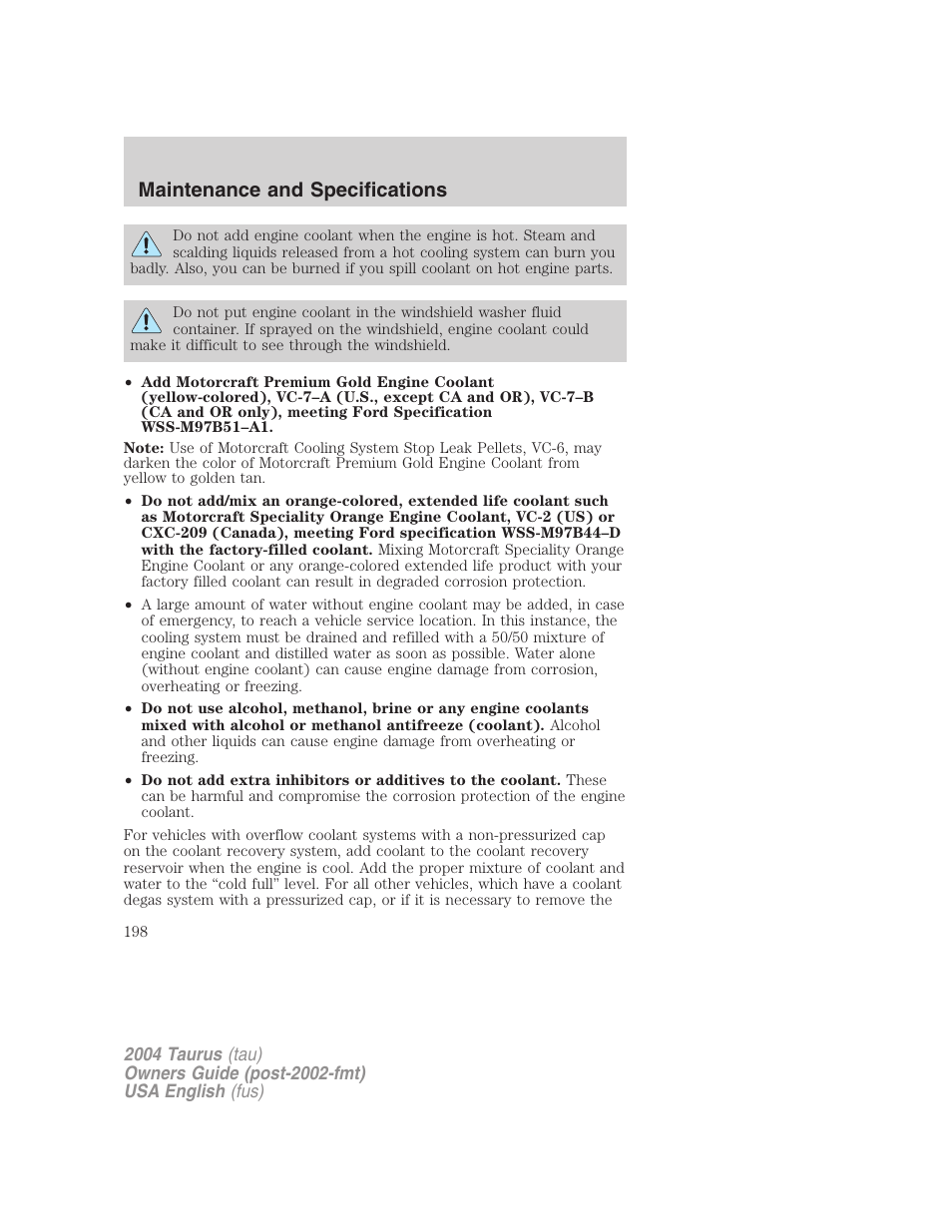 Maintenance and specifications | FORD 2004 Taurus v.3 User Manual | Page 198 / 248