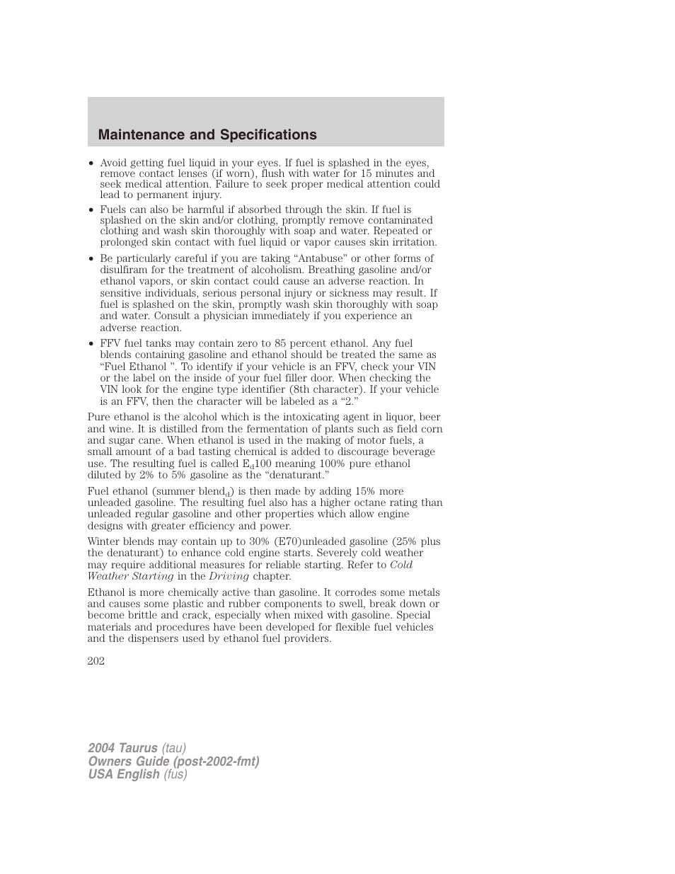 Maintenance and specifications | FORD 2004 Taurus v.3 User Manual | Page 202 / 248