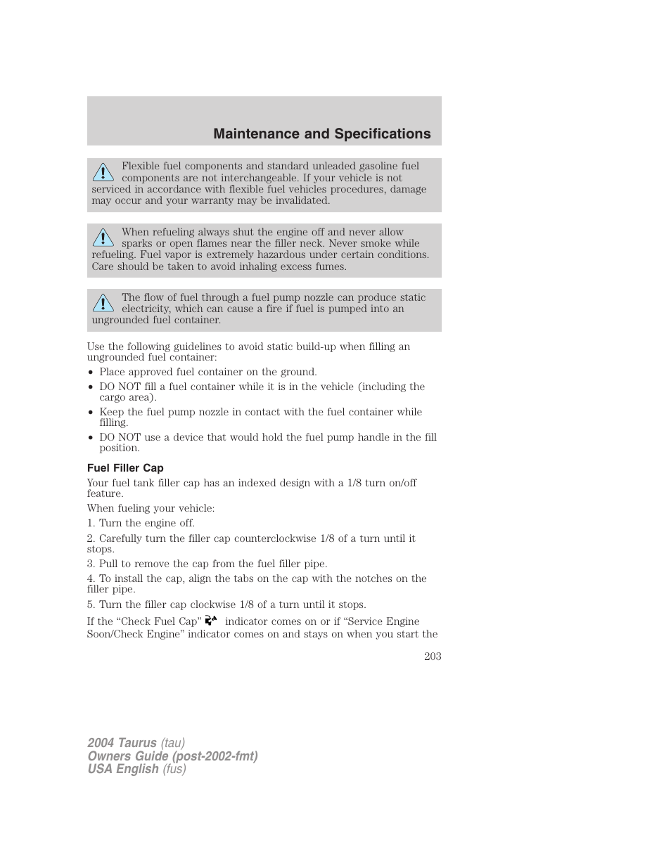 Maintenance and specifications | FORD 2004 Taurus v.3 User Manual | Page 203 / 248