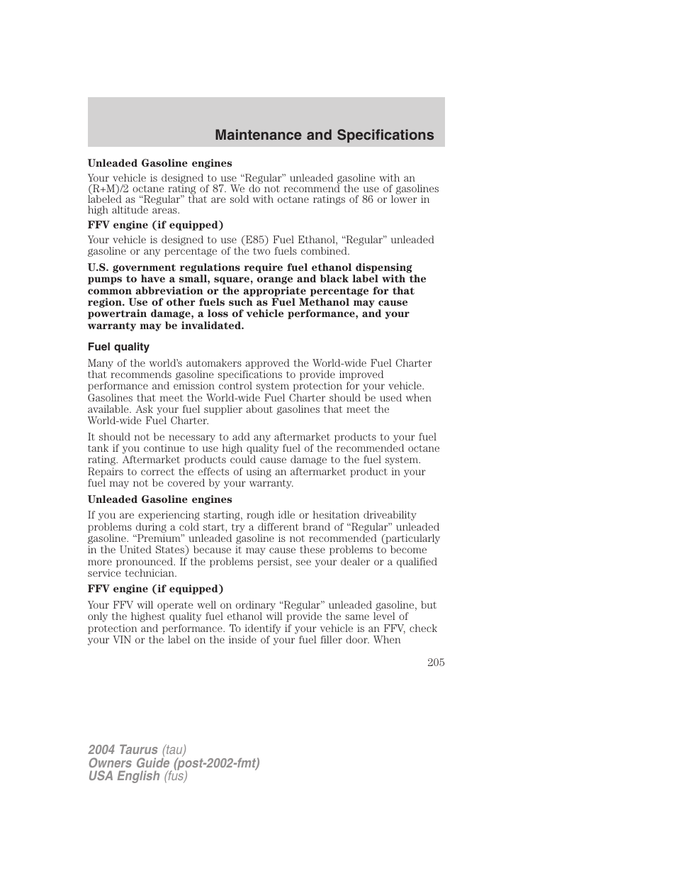 Maintenance and specifications | FORD 2004 Taurus v.3 User Manual | Page 205 / 248