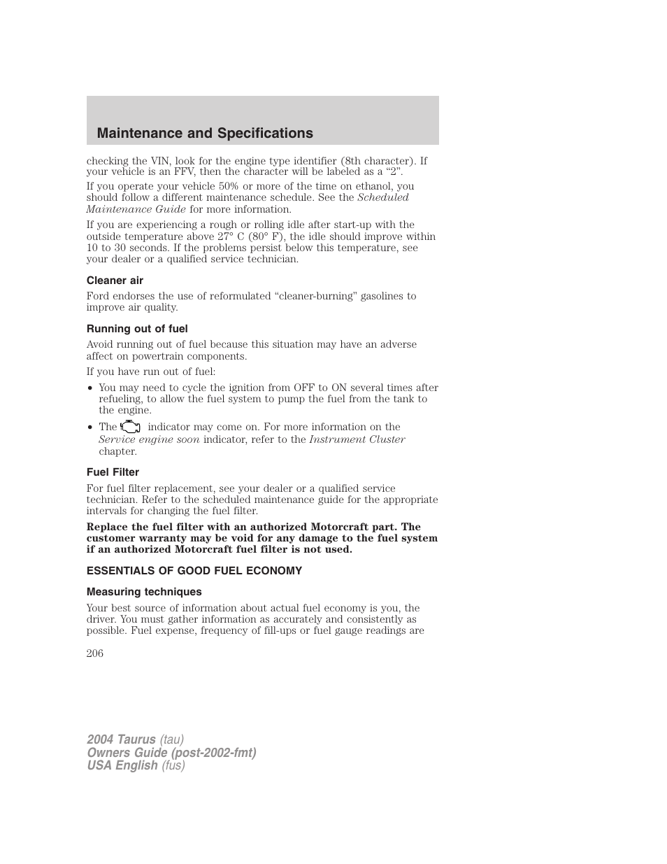 Maintenance and specifications | FORD 2004 Taurus v.3 User Manual | Page 206 / 248