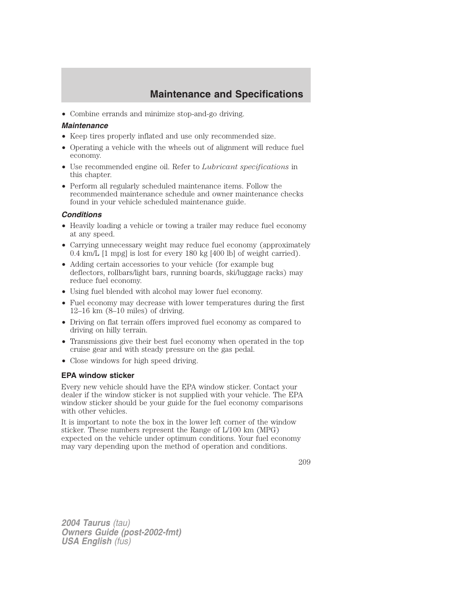 Maintenance and specifications | FORD 2004 Taurus v.3 User Manual | Page 209 / 248