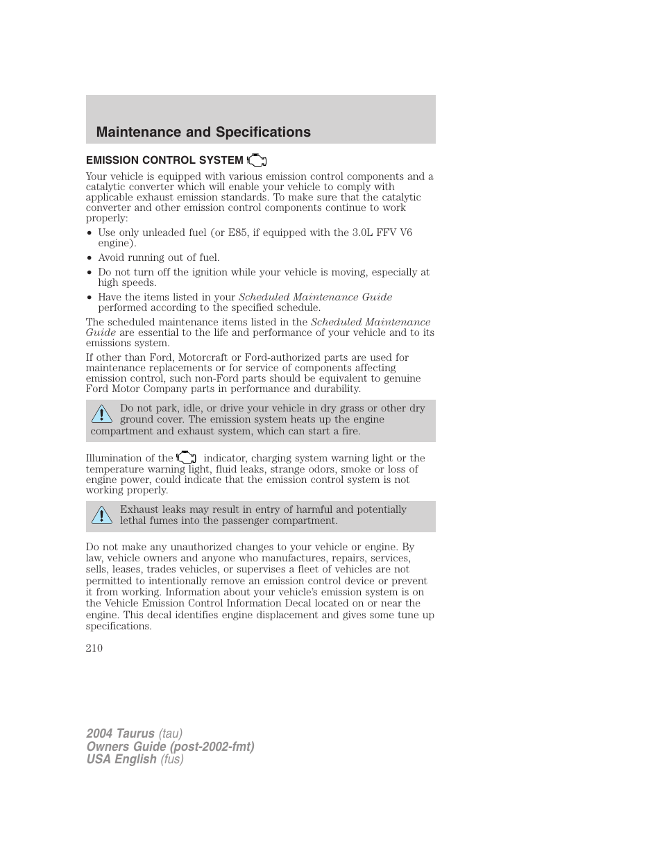 Maintenance and specifications | FORD 2004 Taurus v.3 User Manual | Page 210 / 248