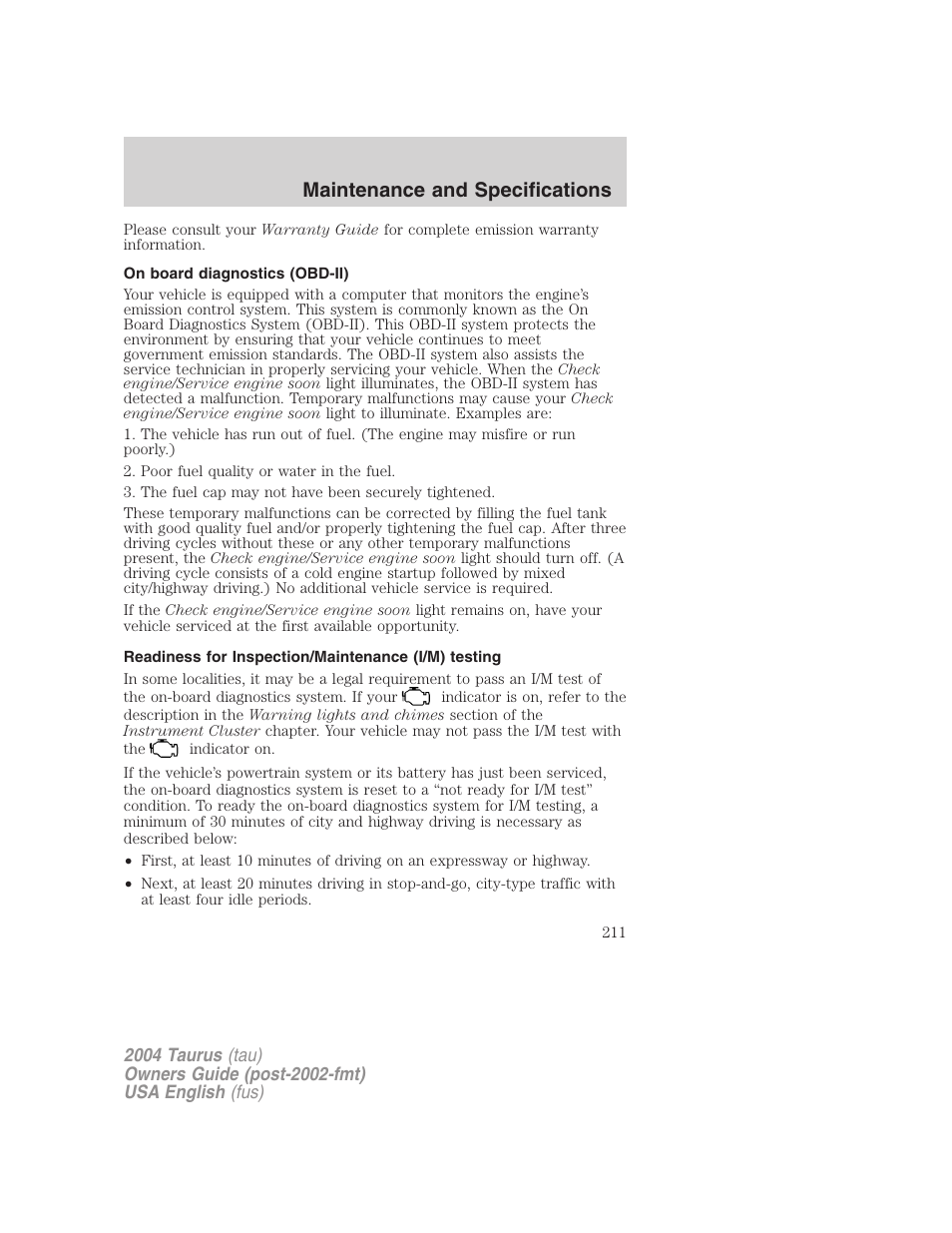 Maintenance and specifications | FORD 2004 Taurus v.3 User Manual | Page 211 / 248