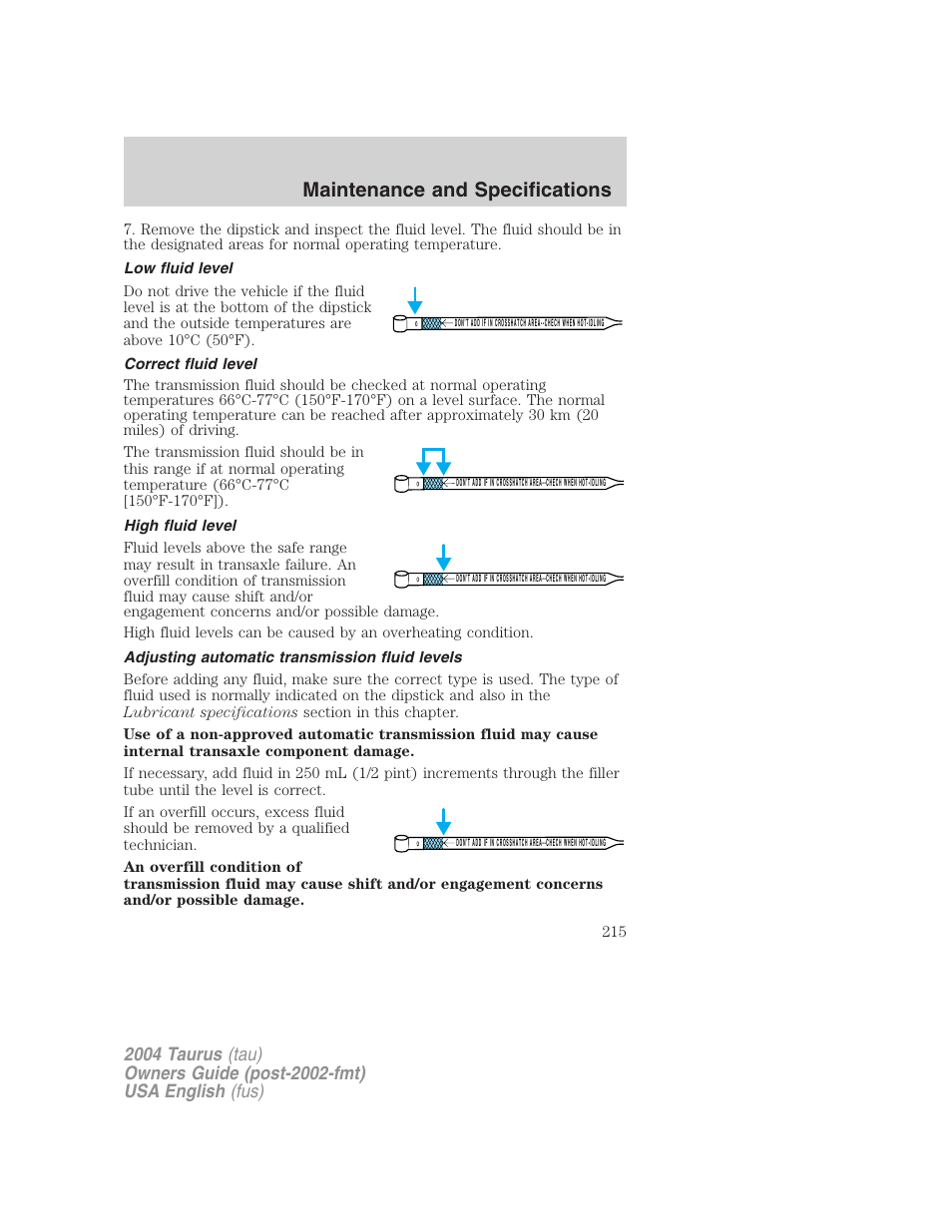 Maintenance and specifications | FORD 2004 Taurus v.3 User Manual | Page 215 / 248