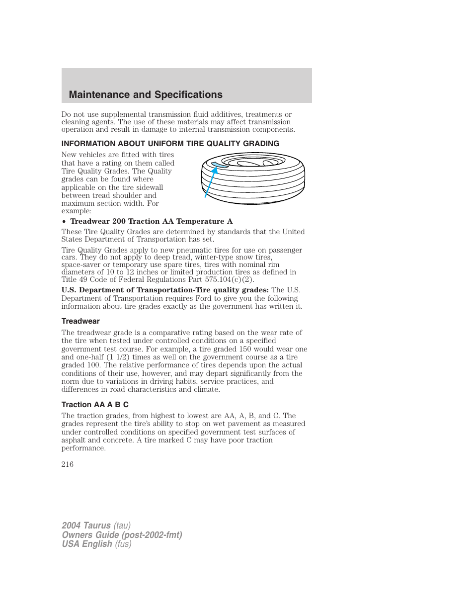 Maintenance and specifications | FORD 2004 Taurus v.3 User Manual | Page 216 / 248