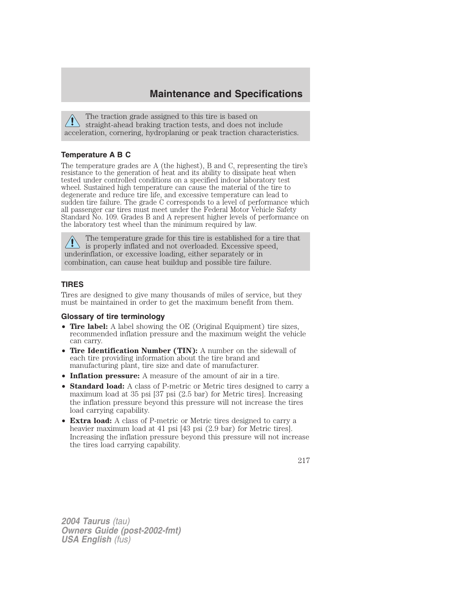 Maintenance and specifications | FORD 2004 Taurus v.3 User Manual | Page 217 / 248