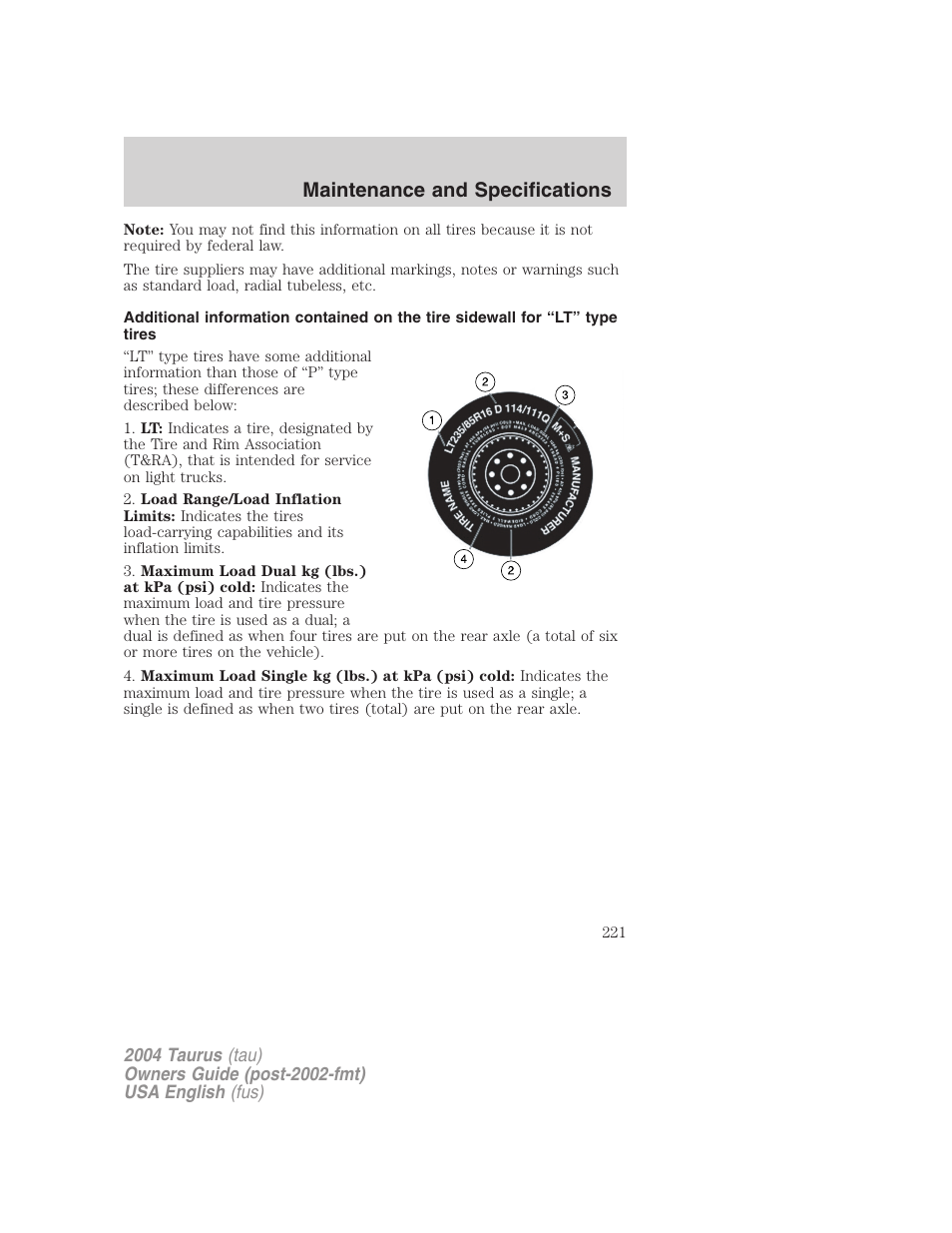 Maintenance and specifications | FORD 2004 Taurus v.3 User Manual | Page 221 / 248