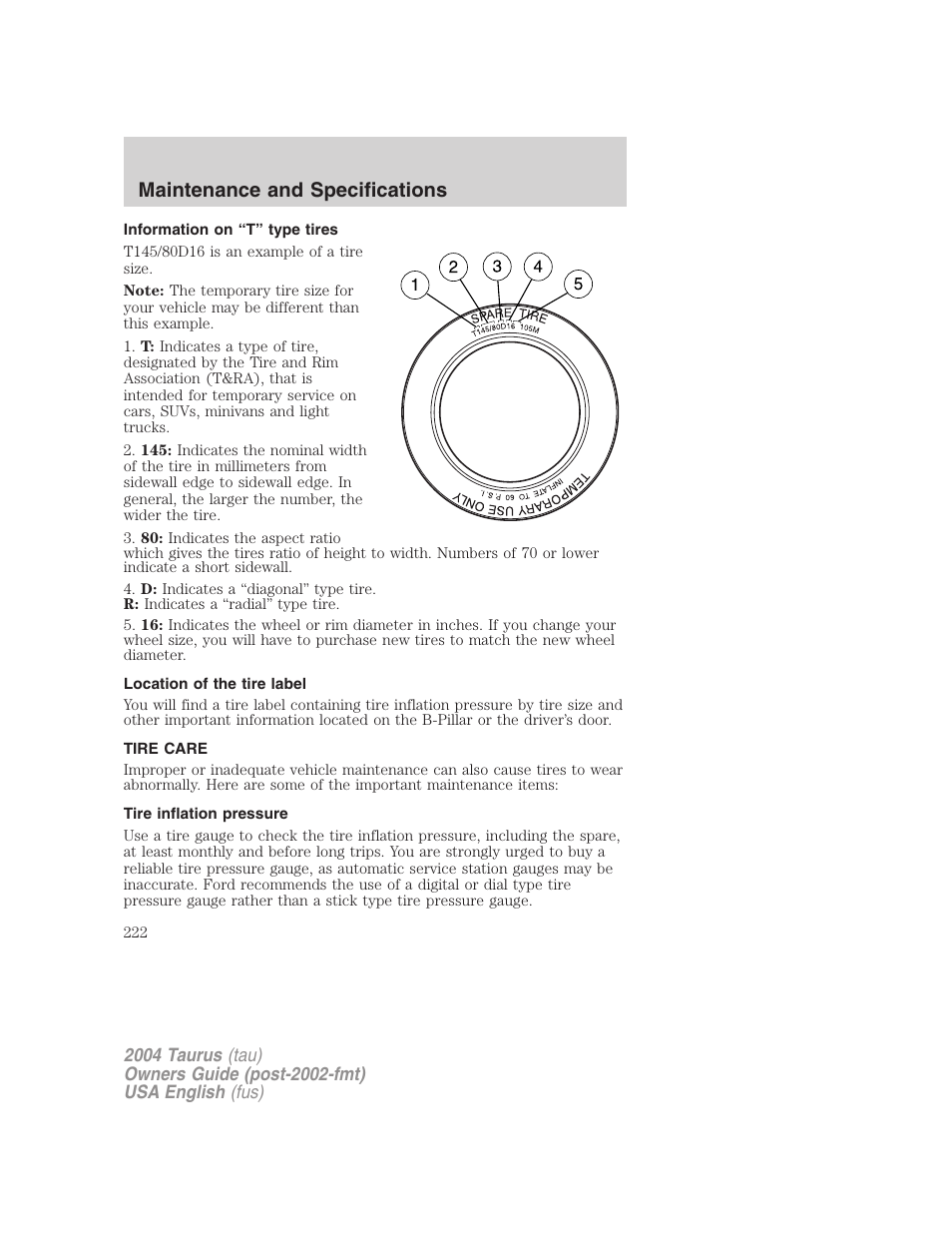 Maintenance and specifications | FORD 2004 Taurus v.3 User Manual | Page 222 / 248