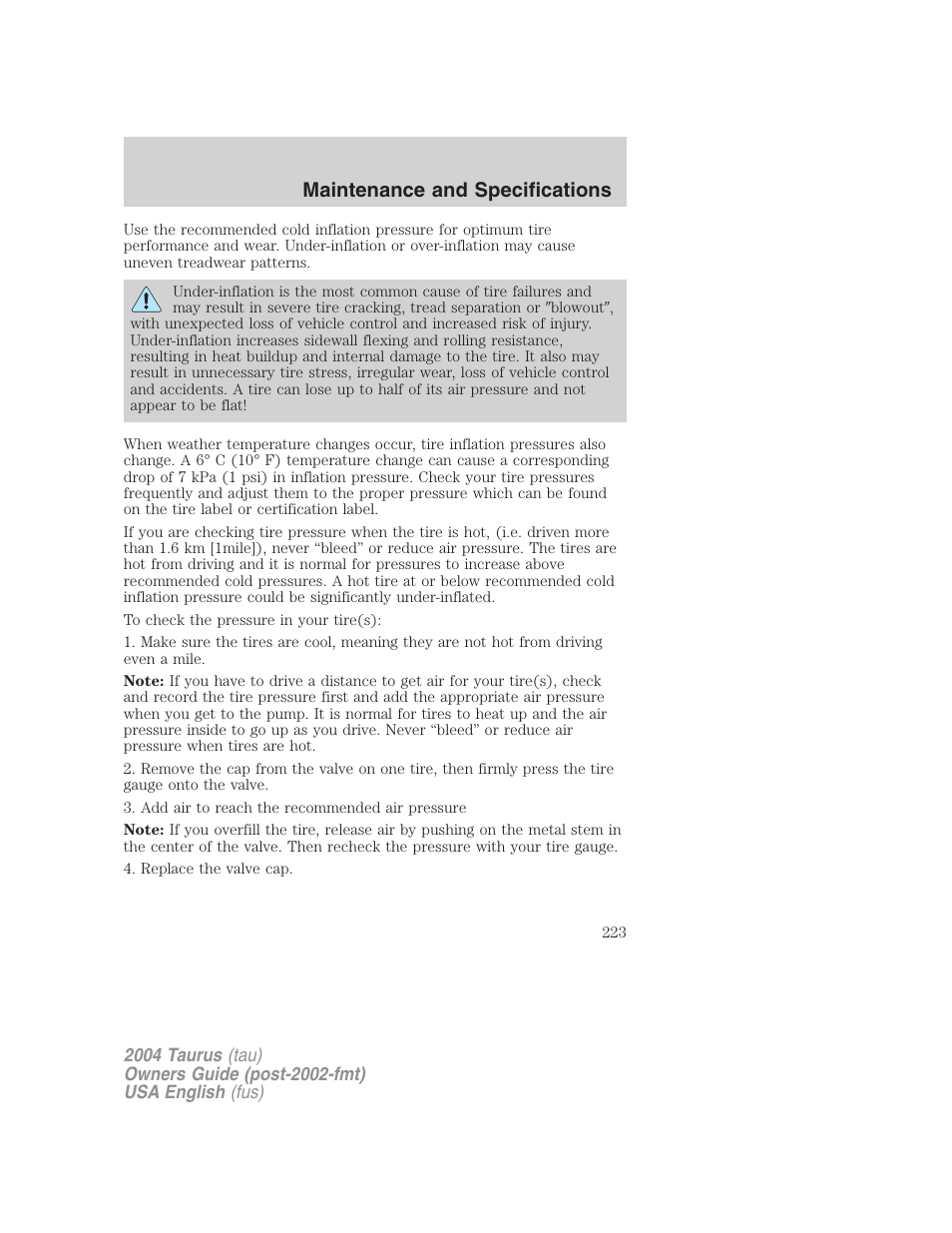 Maintenance and specifications | FORD 2004 Taurus v.3 User Manual | Page 223 / 248