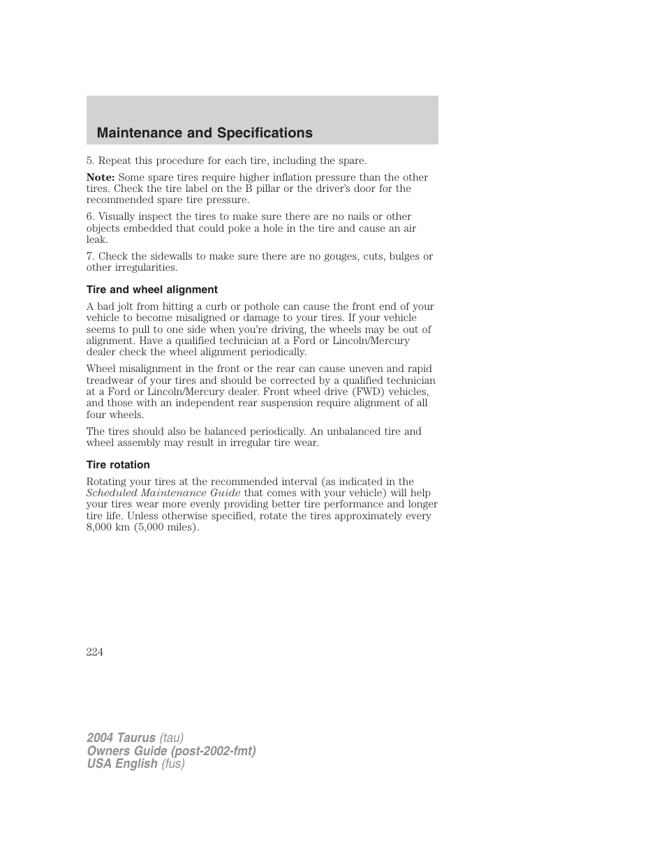 Maintenance and specifications | FORD 2004 Taurus v.3 User Manual | Page 224 / 248