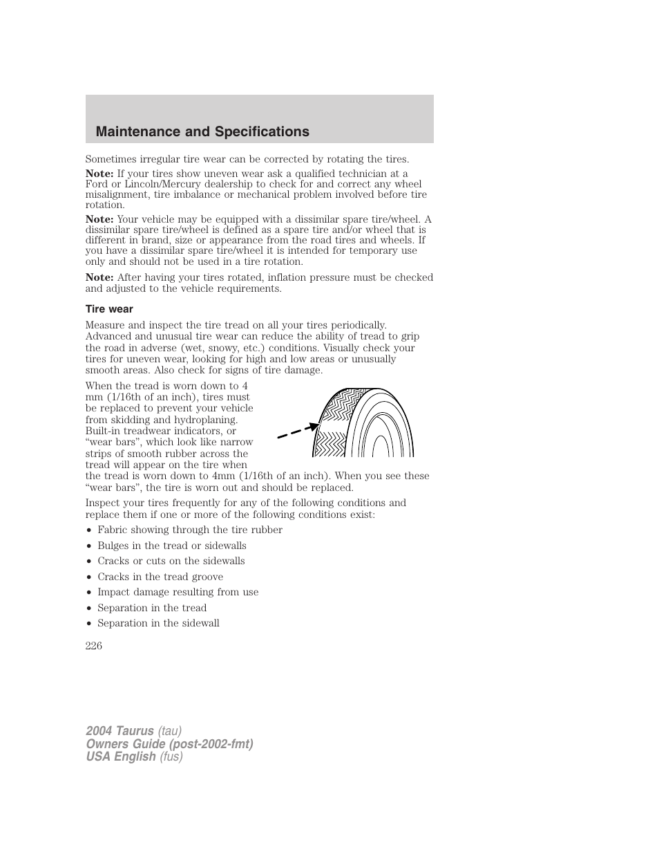 Maintenance and specifications | FORD 2004 Taurus v.3 User Manual | Page 226 / 248