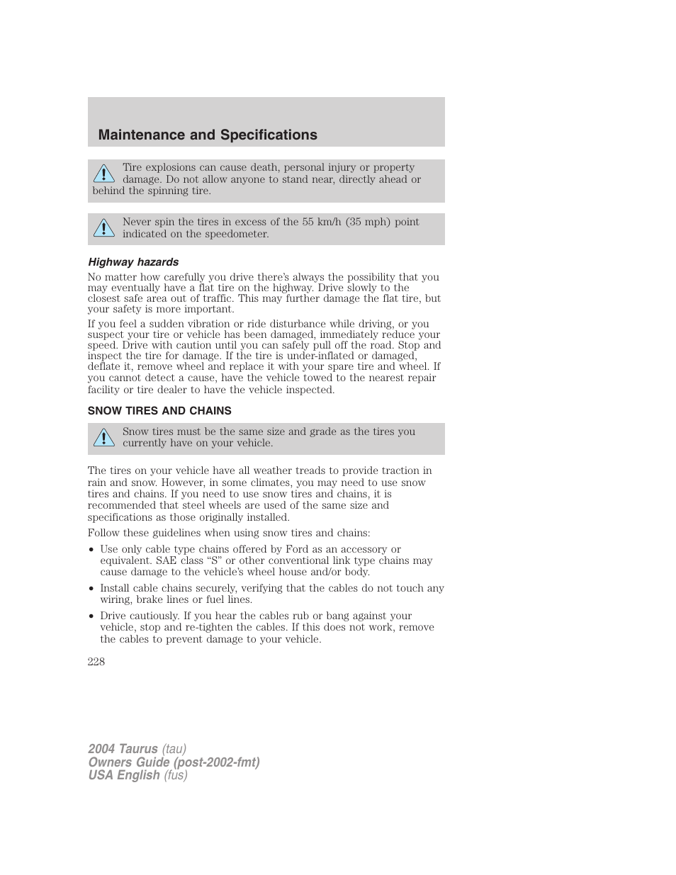 Maintenance and specifications | FORD 2004 Taurus v.3 User Manual | Page 228 / 248