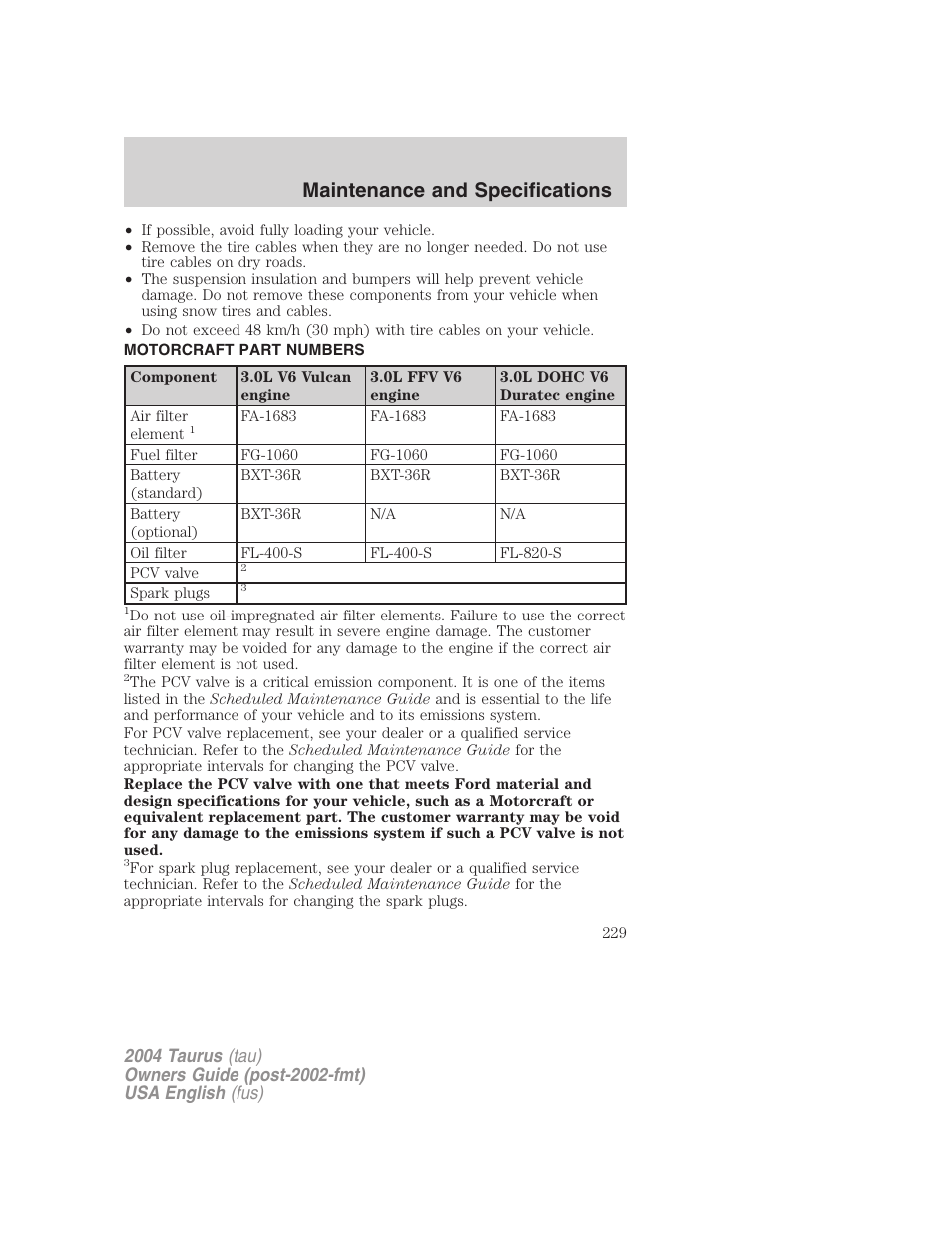 Maintenance and specifications | FORD 2004 Taurus v.3 User Manual | Page 229 / 248