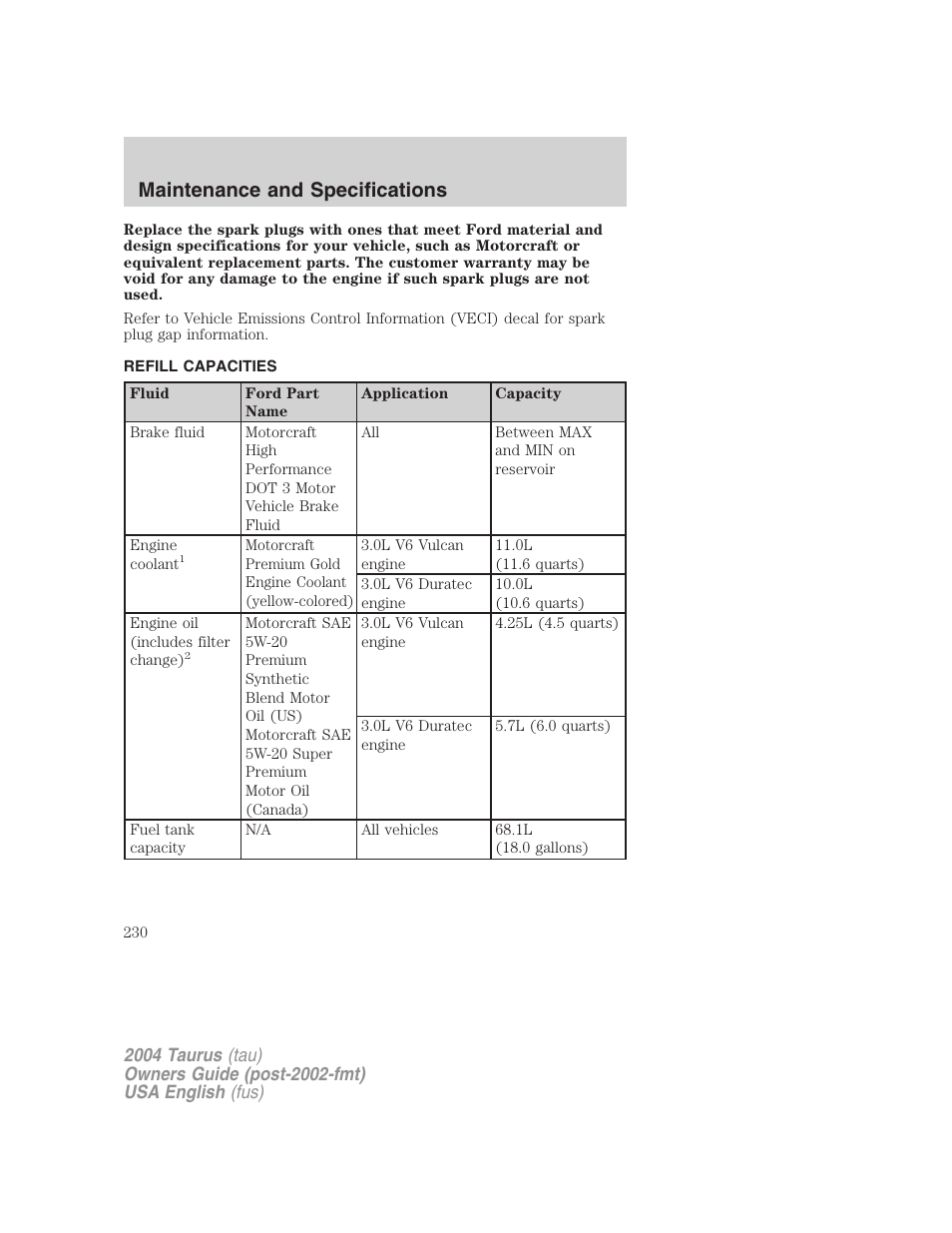 Maintenance and specifications | FORD 2004 Taurus v.3 User Manual | Page 230 / 248