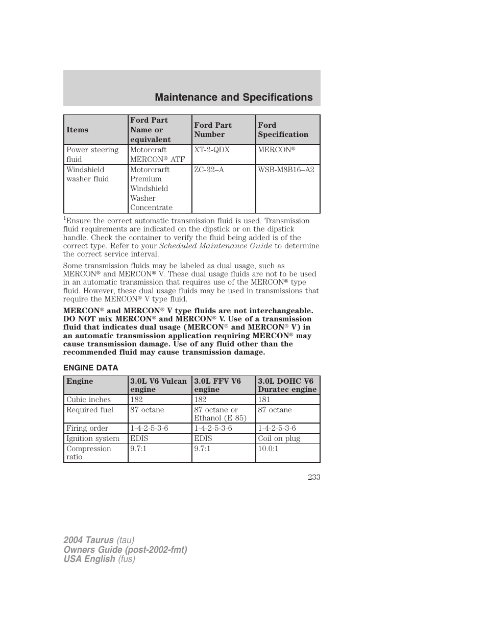 Maintenance and specifications | FORD 2004 Taurus v.3 User Manual | Page 233 / 248