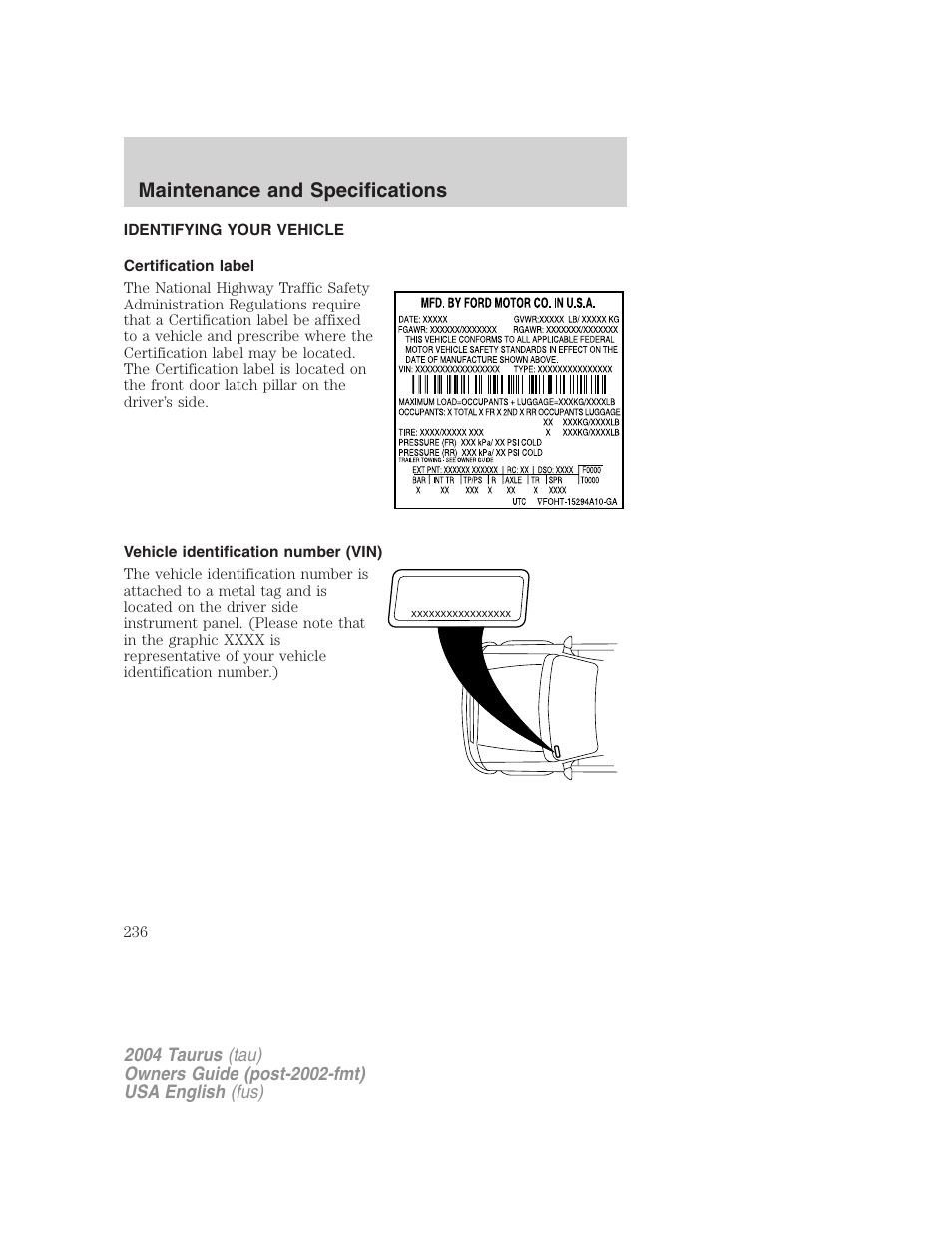 Maintenance and specifications | FORD 2004 Taurus v.3 User Manual | Page 236 / 248