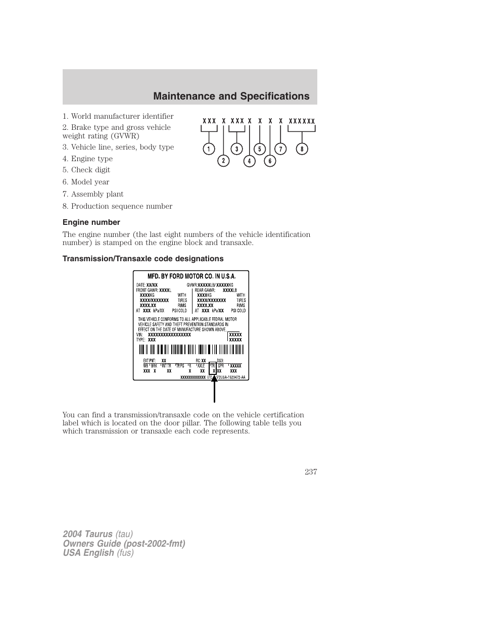 Maintenance and specifications | FORD 2004 Taurus v.3 User Manual | Page 237 / 248