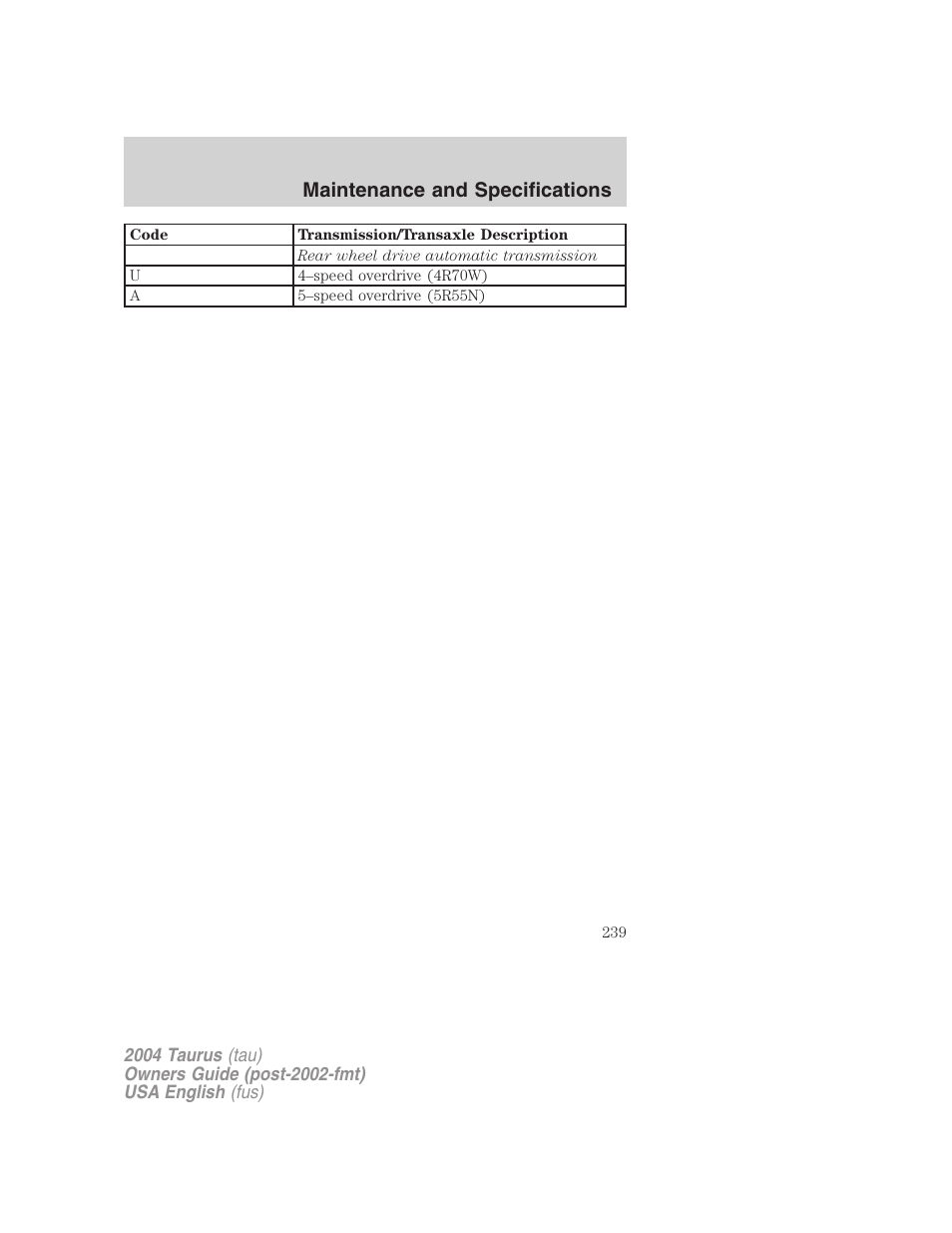 Maintenance and specifications | FORD 2004 Taurus v.3 User Manual | Page 239 / 248