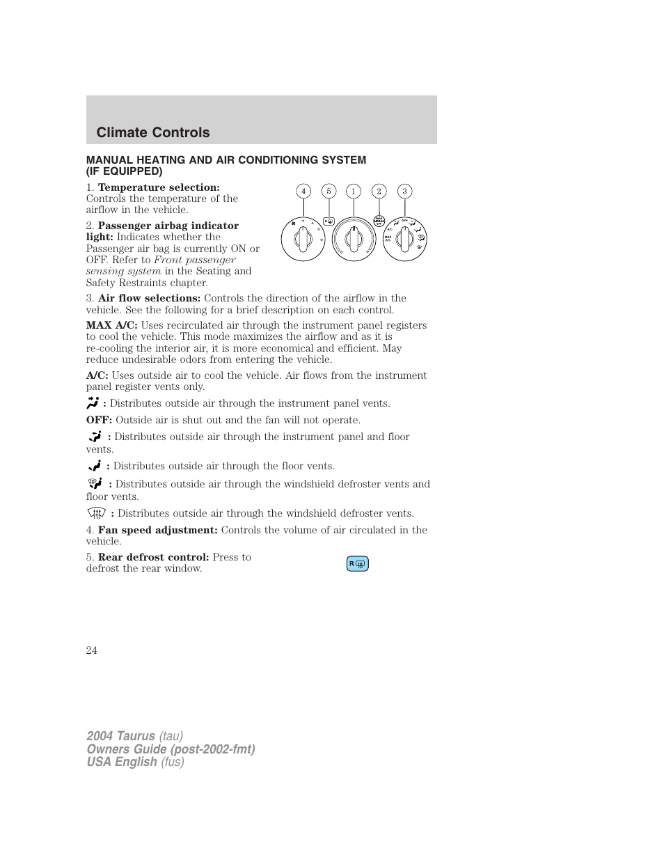 Climate controls | FORD 2004 Taurus v.3 User Manual | Page 24 / 248