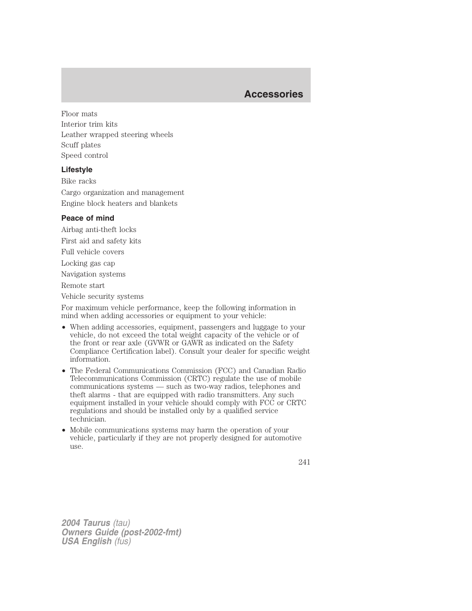 Accessories | FORD 2004 Taurus v.3 User Manual | Page 241 / 248