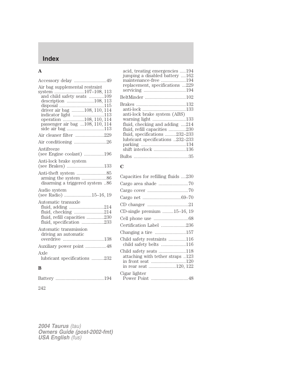 Index | FORD 2004 Taurus v.3 User Manual | Page 242 / 248