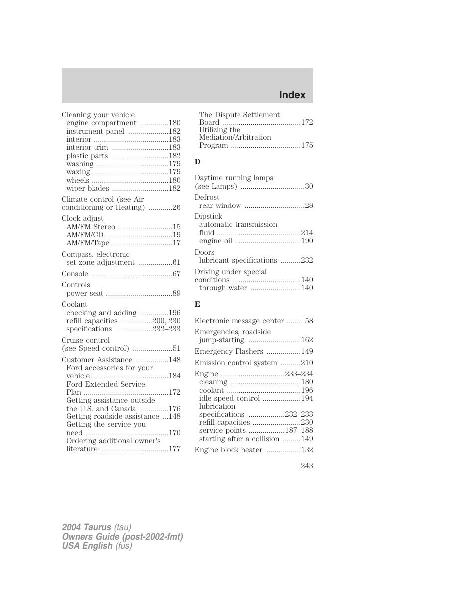 Index | FORD 2004 Taurus v.3 User Manual | Page 243 / 248