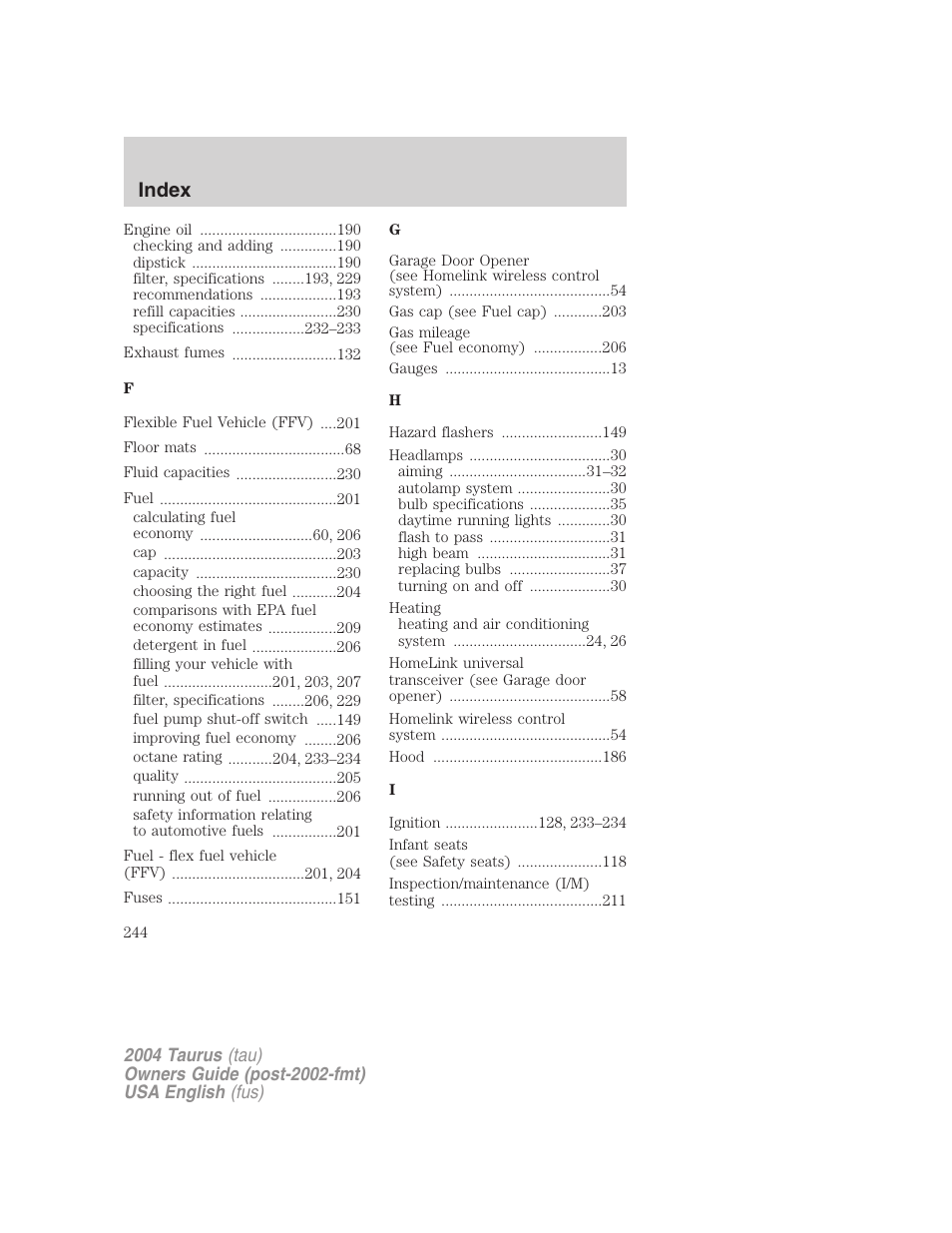 Index | FORD 2004 Taurus v.3 User Manual | Page 244 / 248