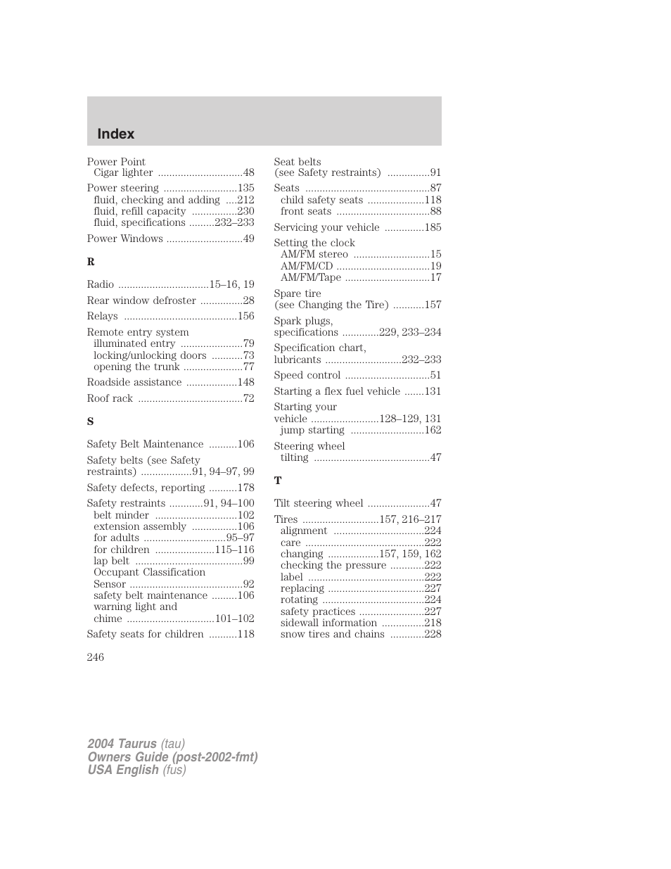 Index | FORD 2004 Taurus v.3 User Manual | Page 246 / 248