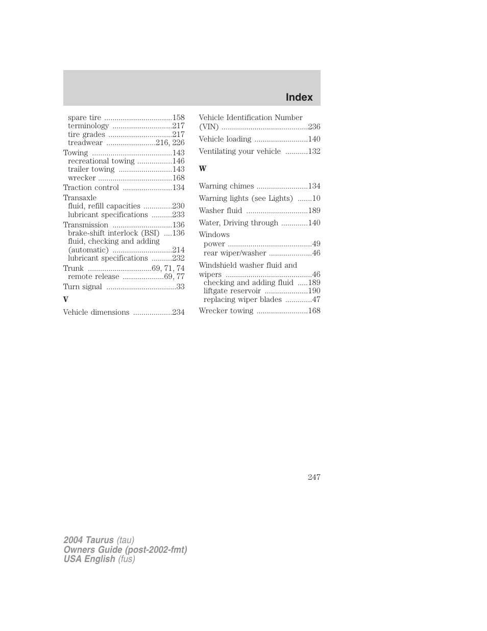 Index | FORD 2004 Taurus v.3 User Manual | Page 247 / 248