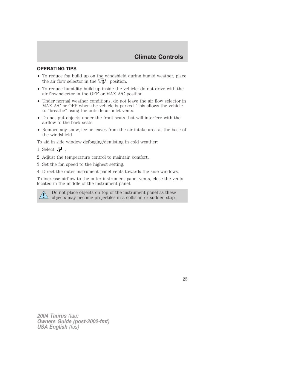 Climate controls | FORD 2004 Taurus v.3 User Manual | Page 25 / 248