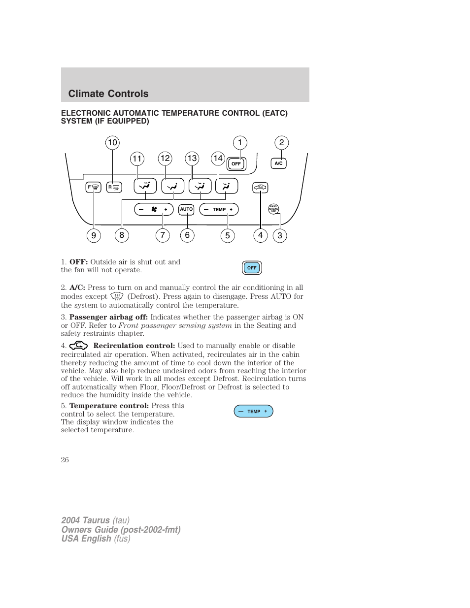 Climate controls | FORD 2004 Taurus v.3 User Manual | Page 26 / 248