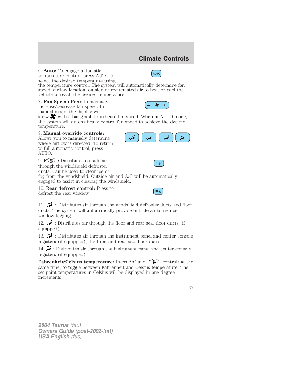 Climate controls | FORD 2004 Taurus v.3 User Manual | Page 27 / 248