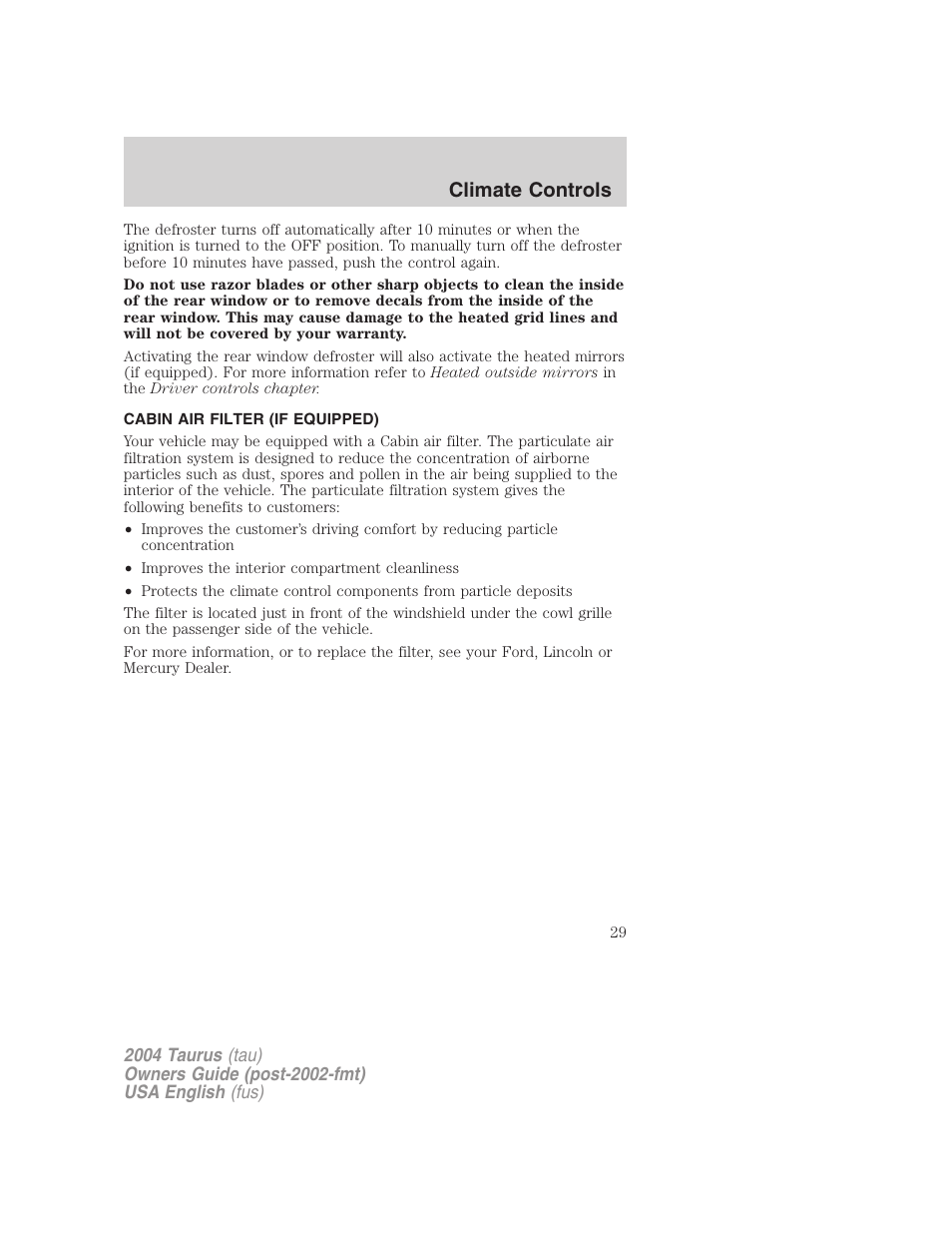 Climate controls | FORD 2004 Taurus v.3 User Manual | Page 29 / 248