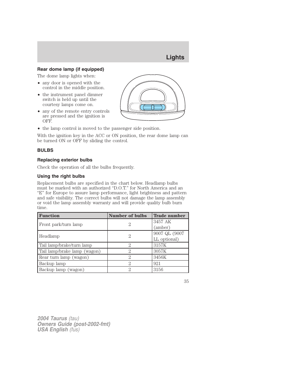 Lights | FORD 2004 Taurus v.3 User Manual | Page 35 / 248