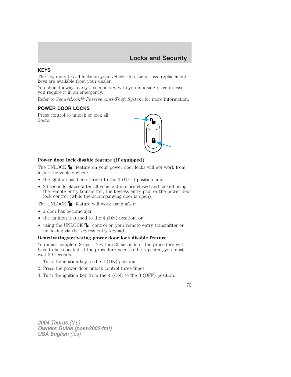 Locks and security | FORD 2004 Taurus v.3 User Manual | Page 73 / 248