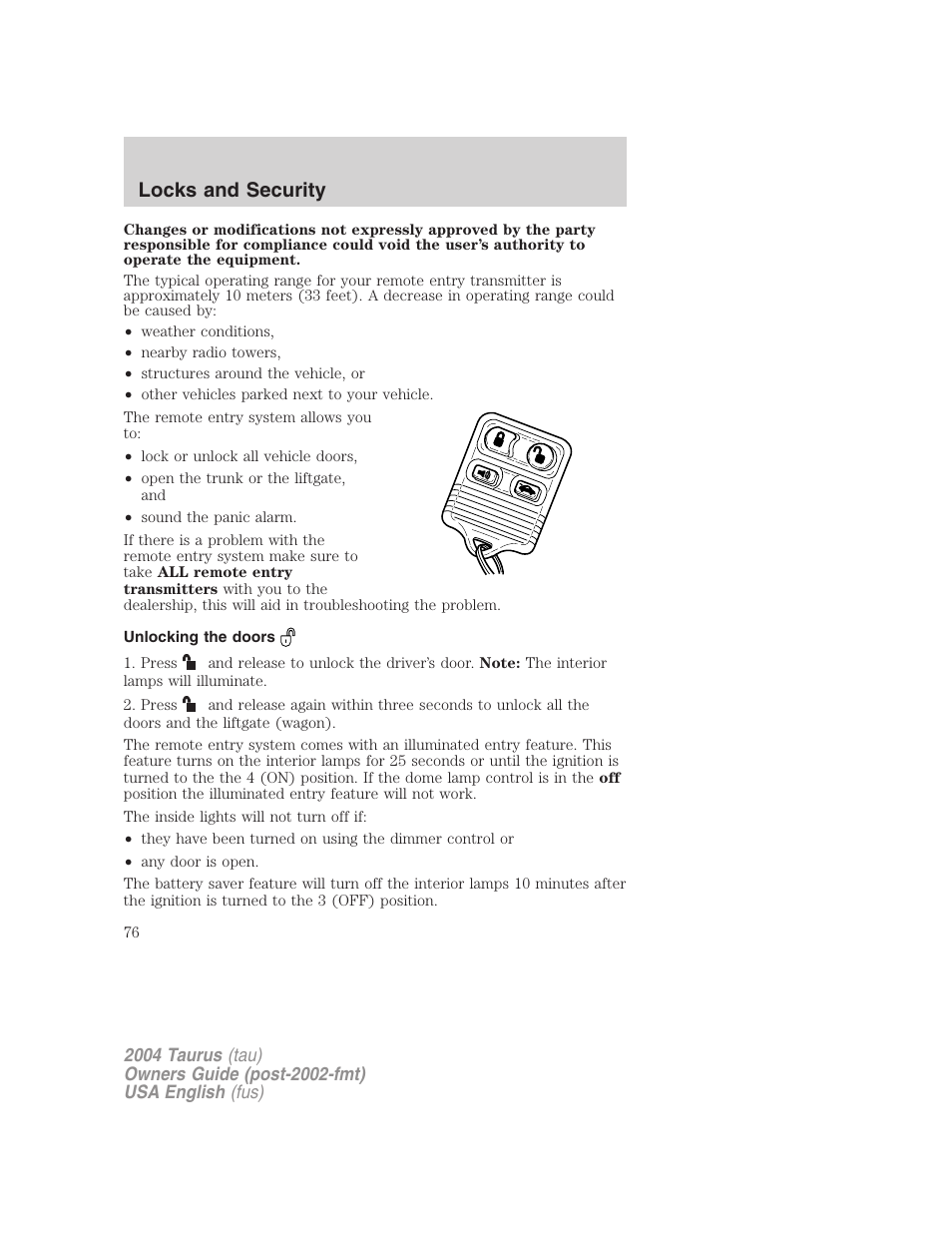 Locks and security | FORD 2004 Taurus v.3 User Manual | Page 76 / 248