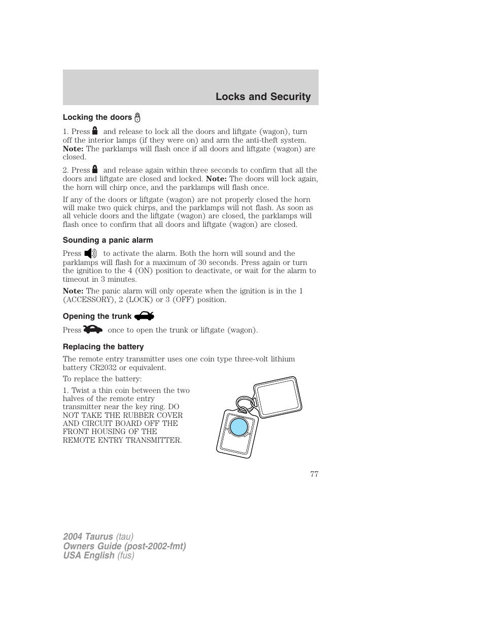 Locks and security | FORD 2004 Taurus v.3 User Manual | Page 77 / 248
