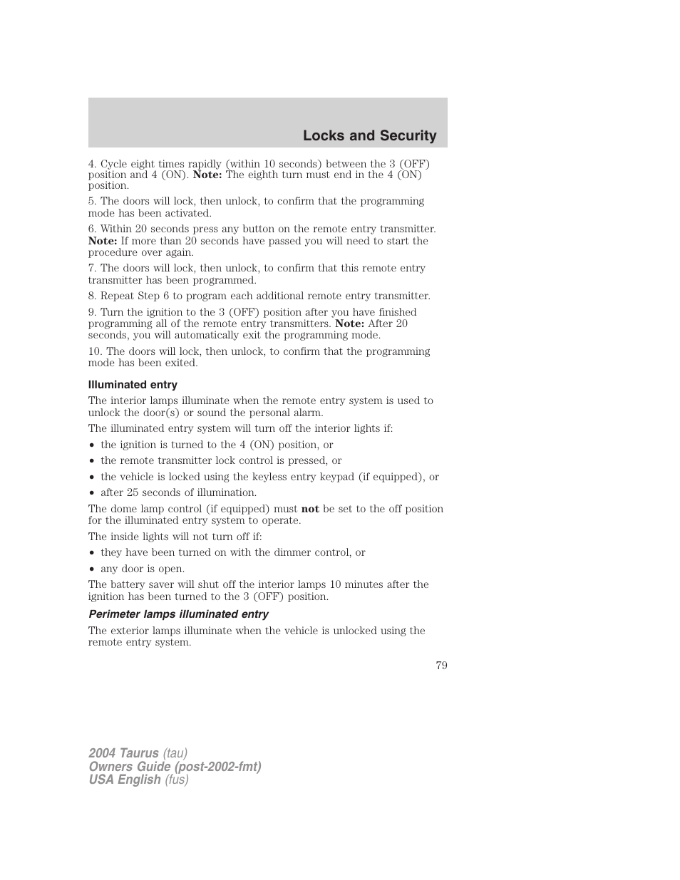 Locks and security | FORD 2004 Taurus v.3 User Manual | Page 79 / 248