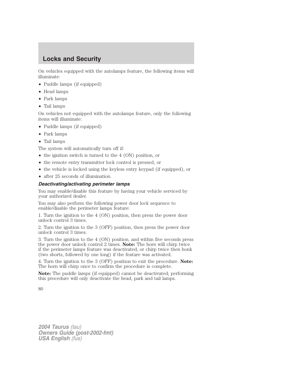 Locks and security | FORD 2004 Taurus v.3 User Manual | Page 80 / 248