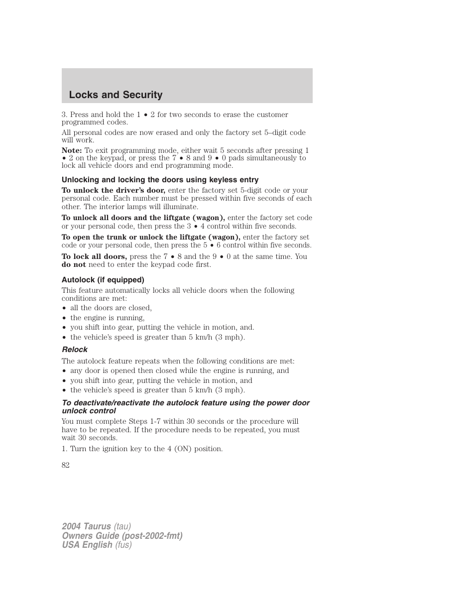 Locks and security | FORD 2004 Taurus v.3 User Manual | Page 82 / 248