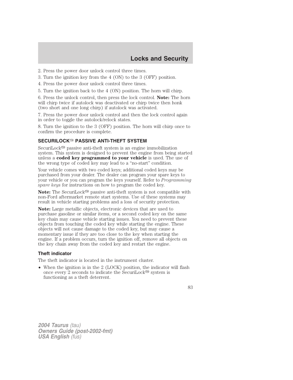 Locks and security | FORD 2004 Taurus v.3 User Manual | Page 83 / 248