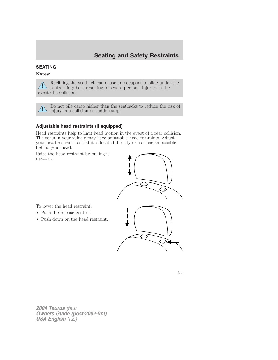 Seating and safety restraints | FORD 2004 Taurus v.3 User Manual | Page 87 / 248