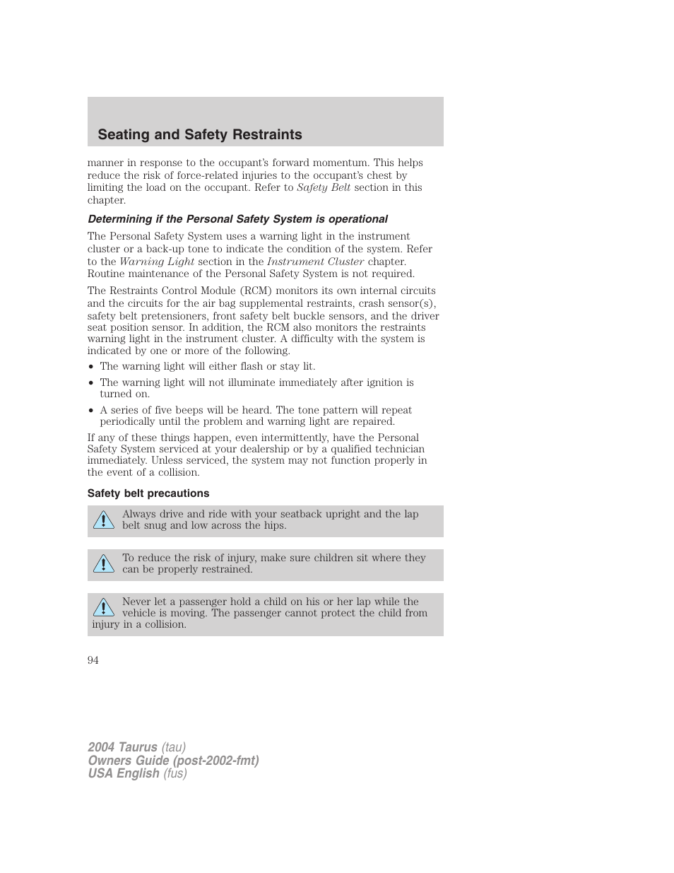 Seating and safety restraints | FORD 2004 Taurus v.3 User Manual | Page 94 / 248