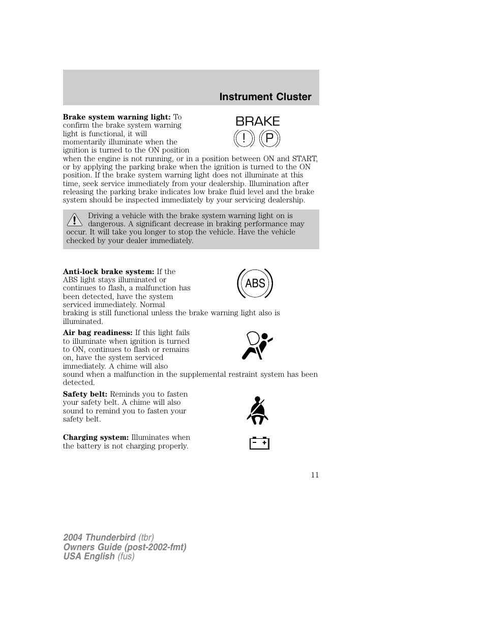P! brake abs | FORD 2004 Thunderbird v.1 User Manual | Page 11 / 216