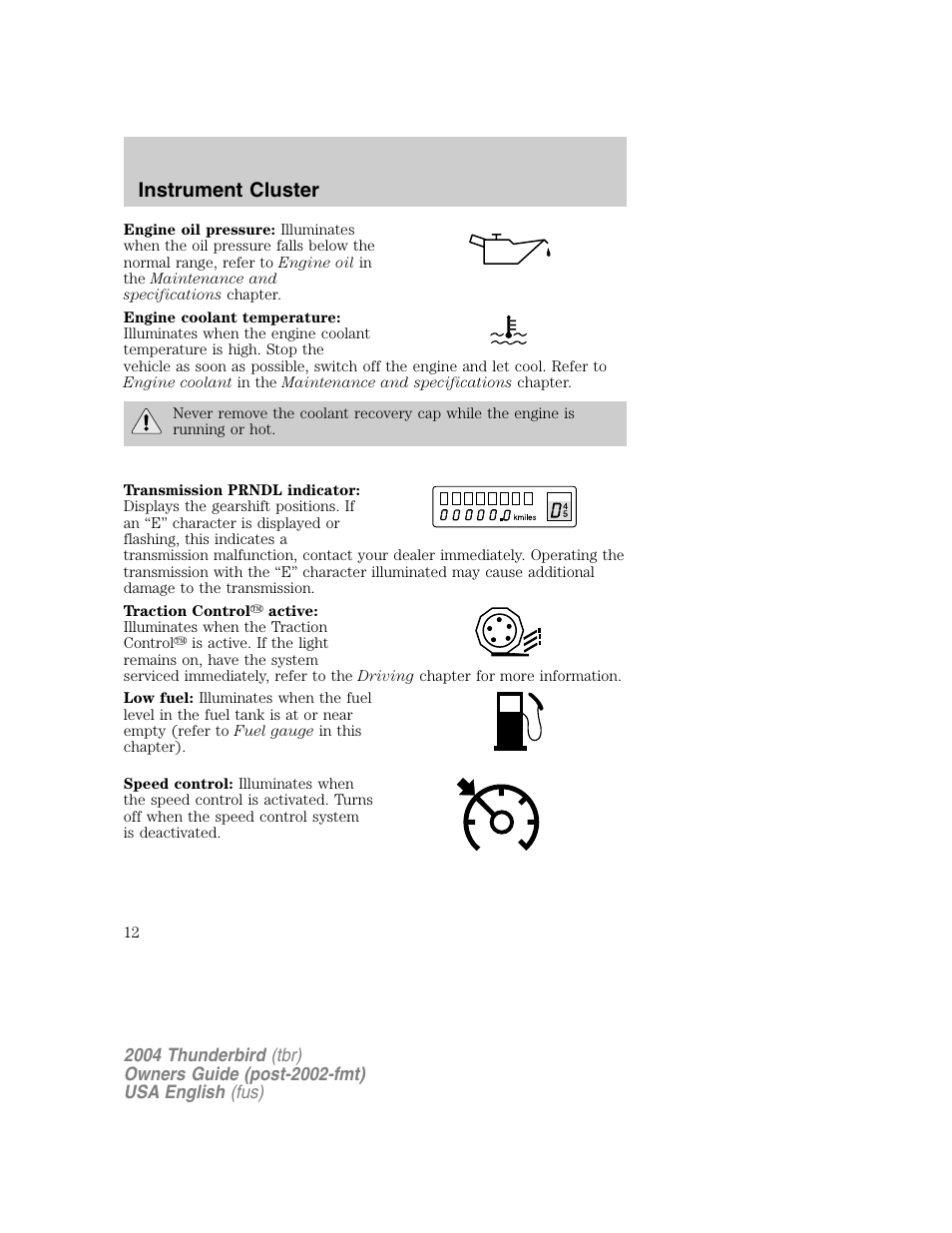 Instrument cluster | FORD 2004 Thunderbird v.1 User Manual | Page 12 / 216